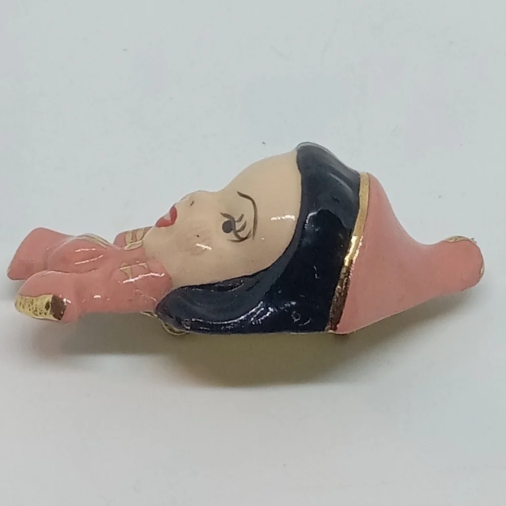 * vintage MCM ceramic pink & gold Elf Pixie Girl pin brooch